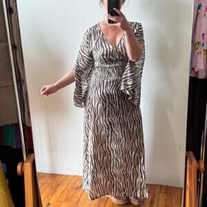 CONTREPOINT 2010s Brown/White Zebra Ruched Bell-Sleeve Maxi Dress